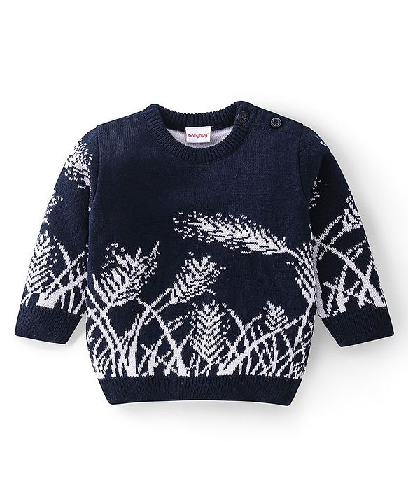 Babyhug Knitted Full Sleeves Sweater Set With Leaf Design - Navy Blue
