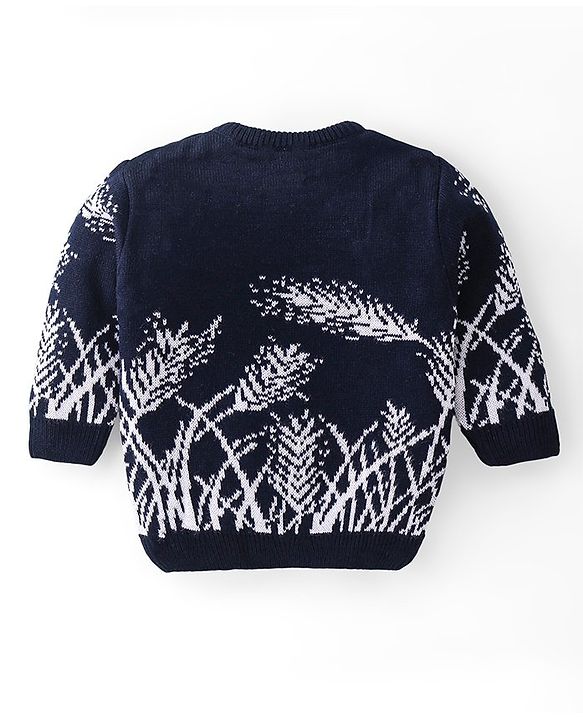 Babyhug Knitted Full Sleeves Sweater Set With Leaf Design - Navy Blue