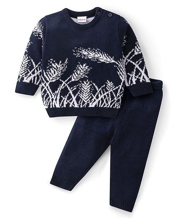 Babyhug Knitted Full Sleeves Sweater Set With Leaf Design - Navy Blue
