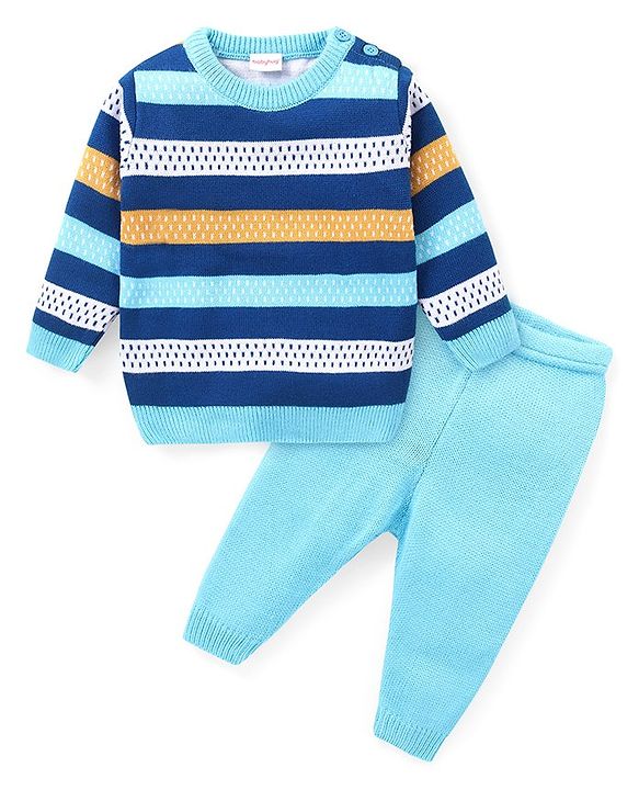 Babyhug Knitted Full Sleeves Sweater Set With Stripes - Blue