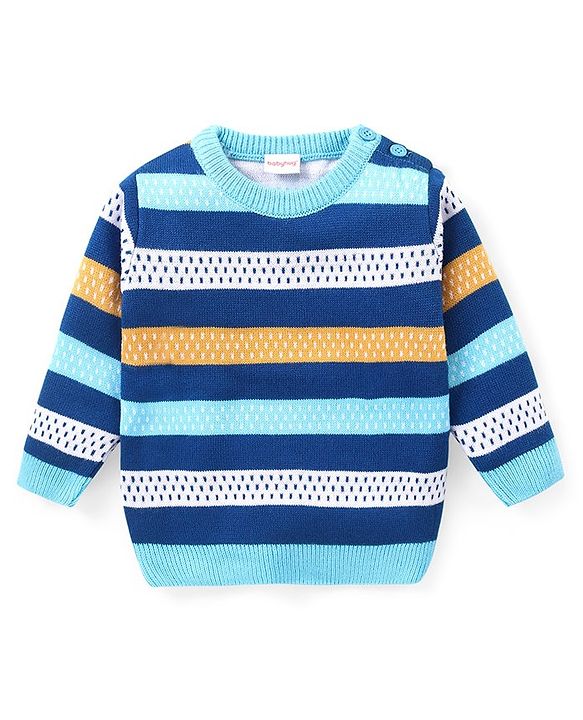 Babyhug Knitted Full Sleeves Sweater Set With Stripes - Blue