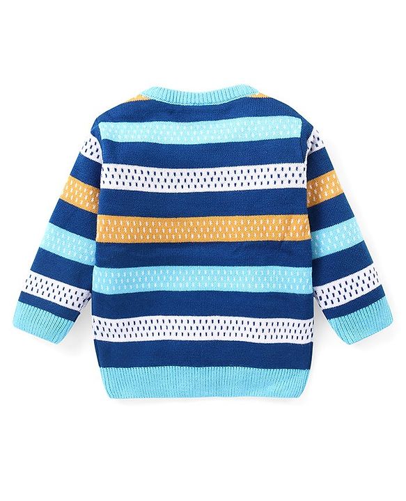 Babyhug Knitted Full Sleeves Sweater Set With Stripes - Blue