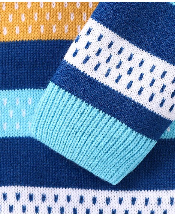 Babyhug Knitted Full Sleeves Sweater Set With Stripes - Blue