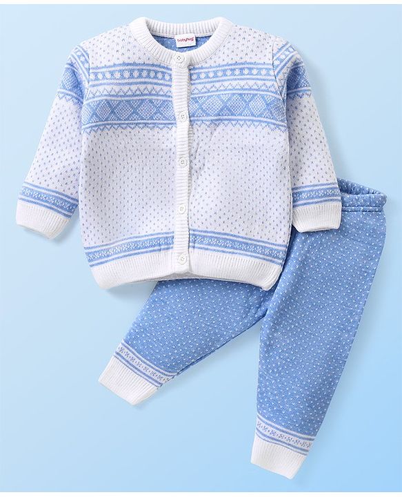 Babyhug Knit Full Sleeves Front Open Sweater and Pant Set Chevron Design - Off White