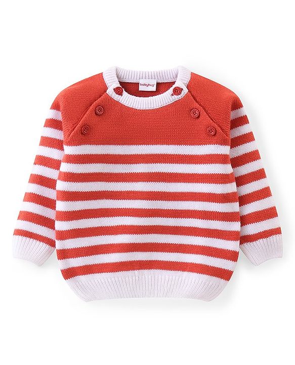 Babyhug Knitted Raglan Sleeves Striped Sweater Set - White & Rust