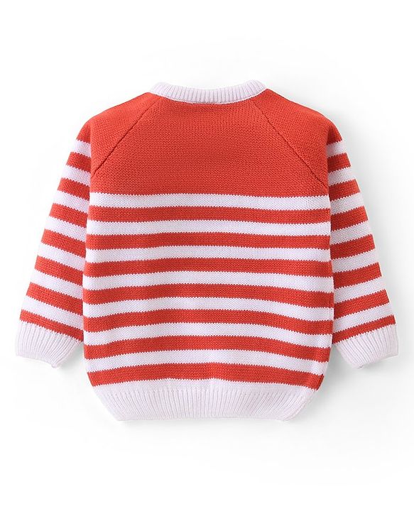 Babyhug Knitted Raglan Sleeves Striped Sweater Set - White & Rust