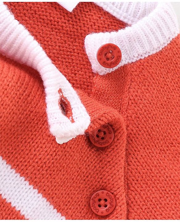 Babyhug Knitted Raglan Sleeves Striped Sweater Set - White & Rust