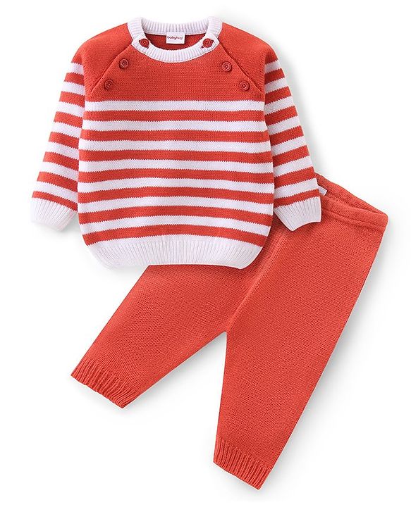 Babyhug Knitted Raglan Sleeves Striped Sweater Set - White & Rust