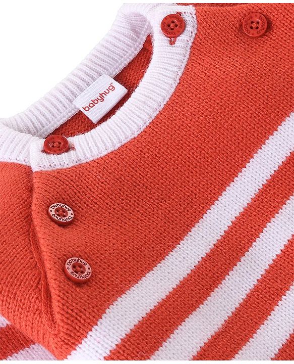 Babyhug Knitted Raglan Sleeves Striped Sweater Set - White & Rust