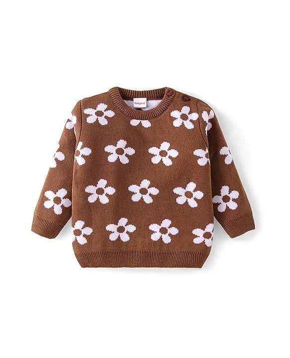Babyhug Knit Full Sleeves Pullover Sweater & Pant Set Floral Design - Brown