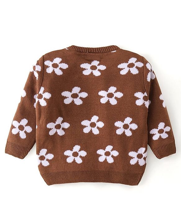 Babyhug Knit Full Sleeves Pullover Sweater & Pant Set Floral Design - Brown