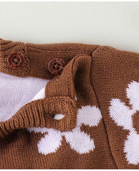 Babyhug Knit Full Sleeves Pullover Sweater & Pant Set Floral Design - Brown