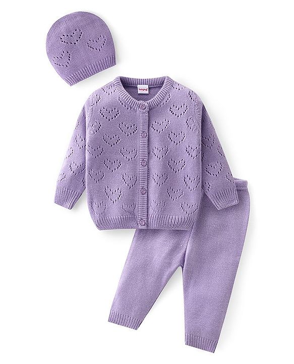 Babyhug Knit Full Sleeves Front Open Sweater Set with Hearts Design - Purple