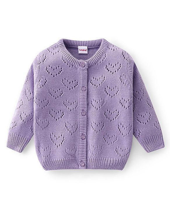 Babyhug Knit Full Sleeves Front Open Sweater Set with Hearts Design - Purple
