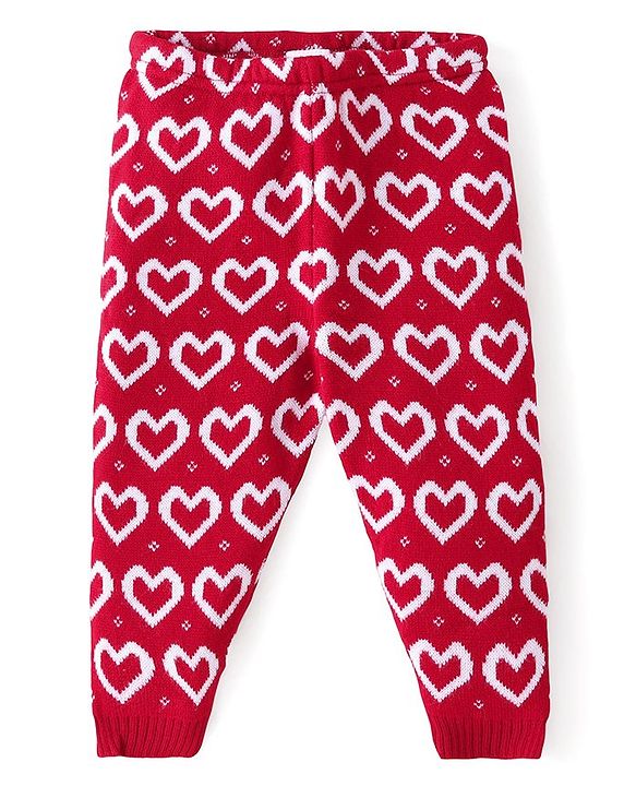 Babyhug Knit Full Length Fleece Bottom Hearts Printed - Red