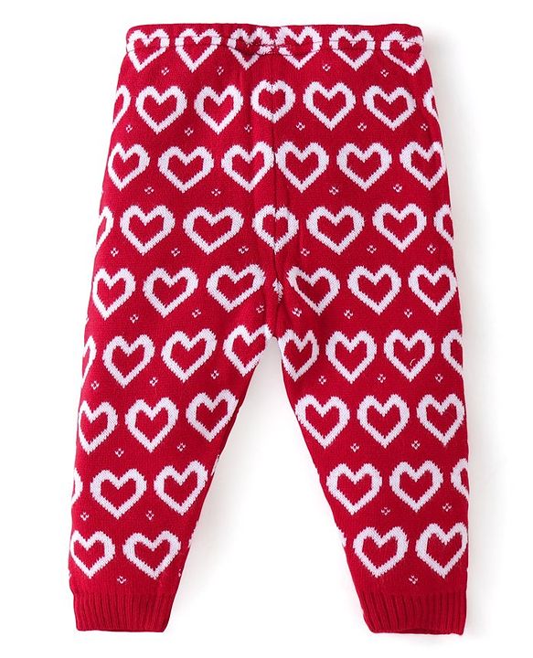 Babyhug Knit Full Length Fleece Bottom Hearts Printed - Red