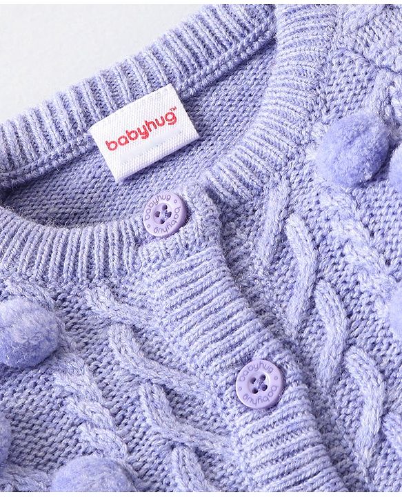 Babyhug Knitted Full Sleeves Front Open Sweater with Pom Pom & Cable  Knit Detailing - Lavender