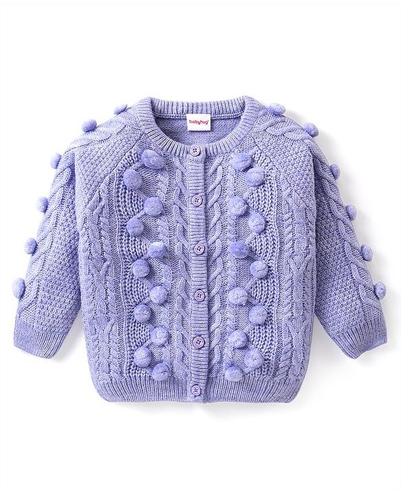 Babyhug Knitted Full Sleeves Front Open Sweater with Pom Pom & Cable  Knit Detailing - Lavender
