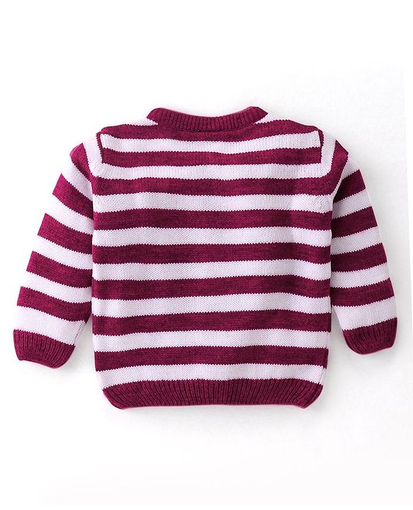 Babyhug Knitted Full Sleeves Front Open Striped Sweater - Pink