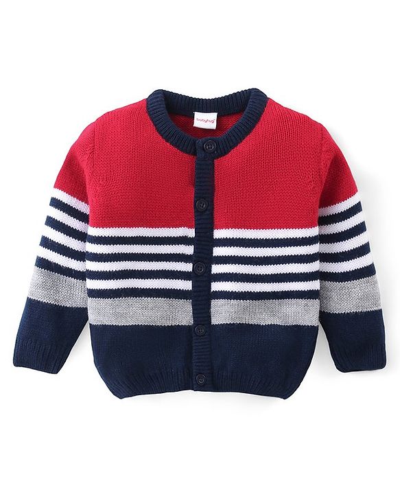 Babyhug Knitted Full Sleeves Front Open Striped Sweater - Red & Navy Blue