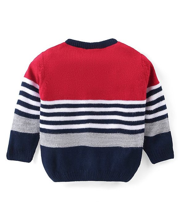 Babyhug Knitted Full Sleeves Front Open Striped Sweater - Red & Navy Blue
