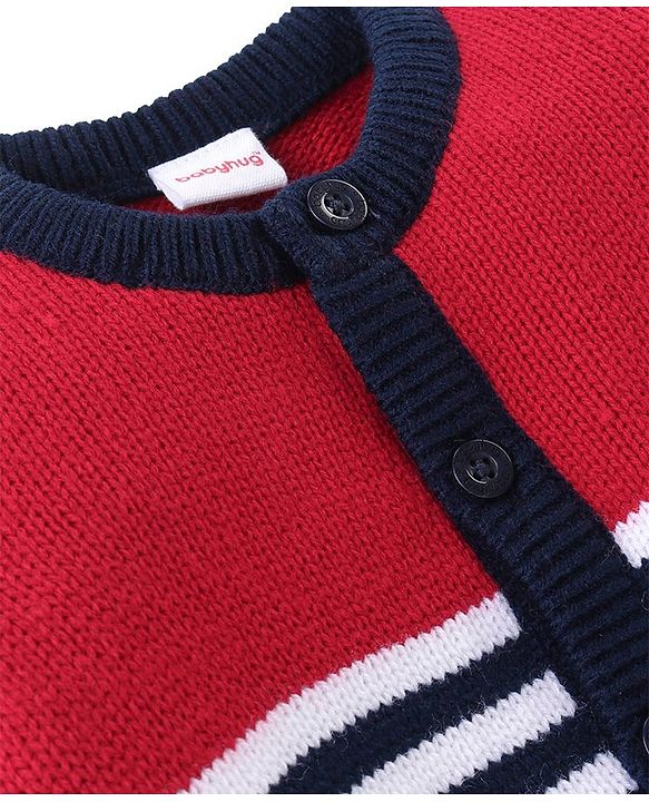 Babyhug Knitted Full Sleeves Front Open Striped Sweater - Red & Navy Blue
