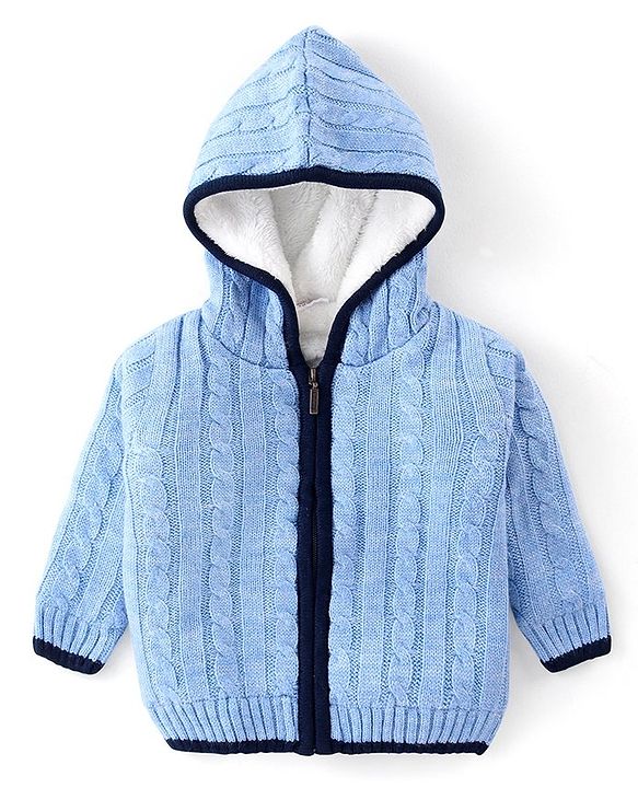 Babyhug Full Sleeves Front Open Hooded Cable Knit Sweater - Blue