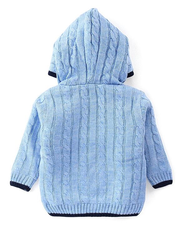 Babyhug Full Sleeves Front Open Hooded Cable Knit Sweater - Blue