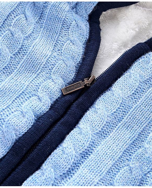 Babyhug Full Sleeves Front Open Hooded Cable Knit Sweater - Blue