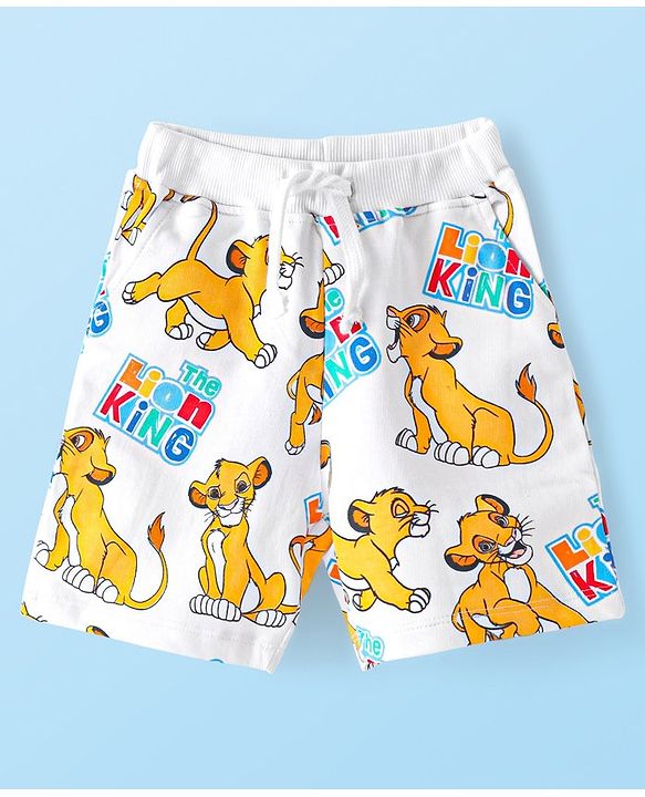 Babyhug Disney 100% Cotton Knit Shorts With Lion King Print - White