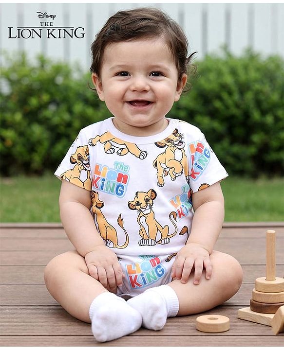 Babyhug Disney 100% Cotton Knit Half Sleeves Onesies With Lion King Print - White