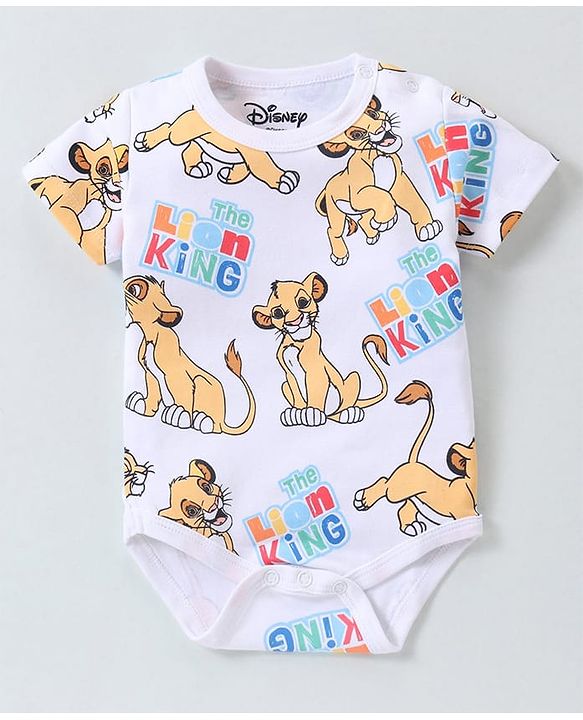 Babyhug Disney 100% Cotton Knit Half Sleeves Onesies With Lion King Print - White