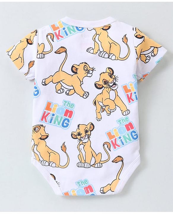 Babyhug Disney 100% Cotton Knit Half Sleeves Onesies With Lion King Print - White