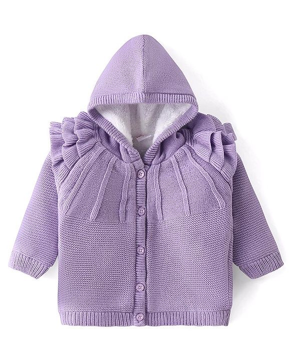 Babyhug Knitted Full Sleeves Front Open Hooded Sweater with Frill Detailing - Lavender