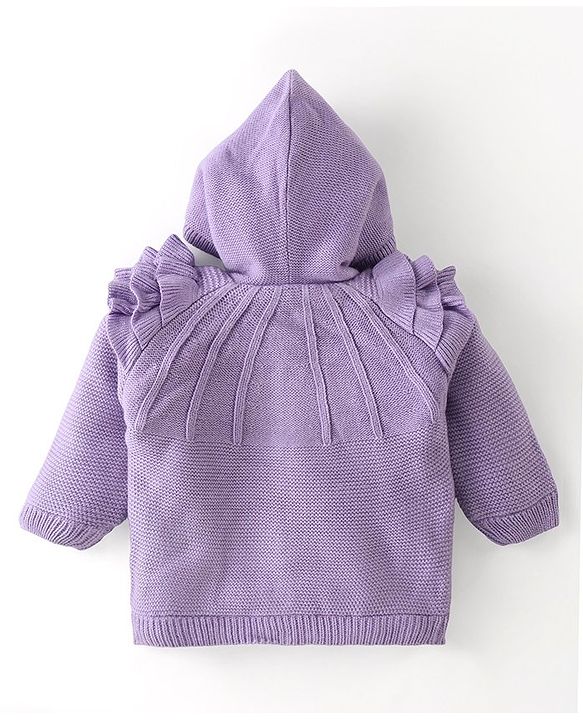 Babyhug Knitted Full Sleeves Front Open Hooded Sweater with Frill Detailing - Lavender