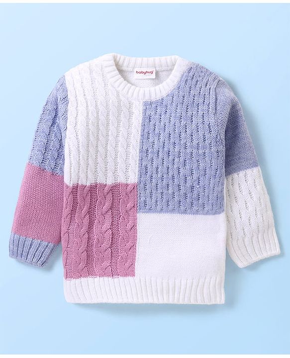 Babyhug Knit Full Sleeves Color Block Sweater - Purple & White