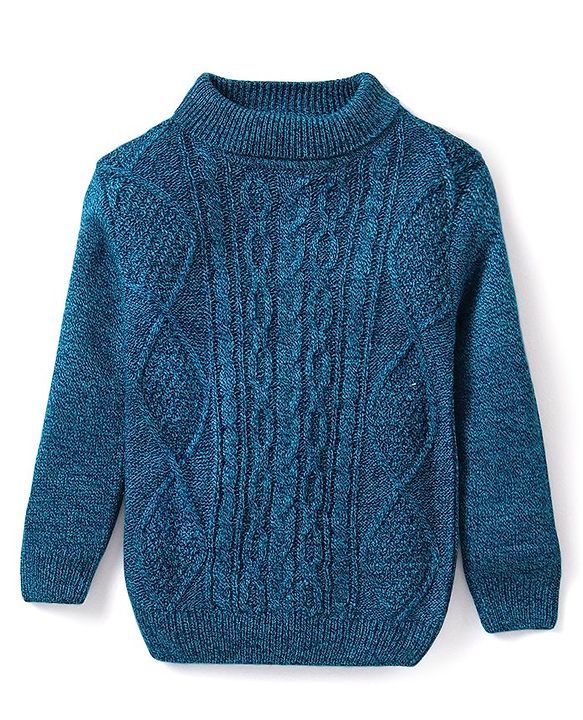 Babyhug Knit Full Sleeves Turtle Neck Sweater With Cable Knit Design - Navy Blue