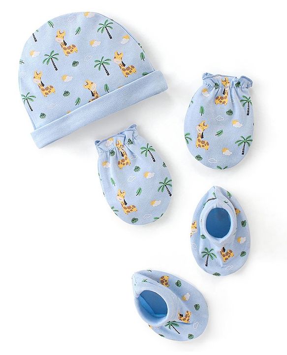 Babyhug 100% Cotton Cap Mittens & Booties Set Giraffe Print  - Blue