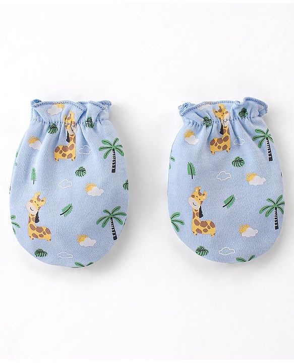 Babyhug 100% Cotton Cap Mittens & Booties Set Giraffe Print  - Blue