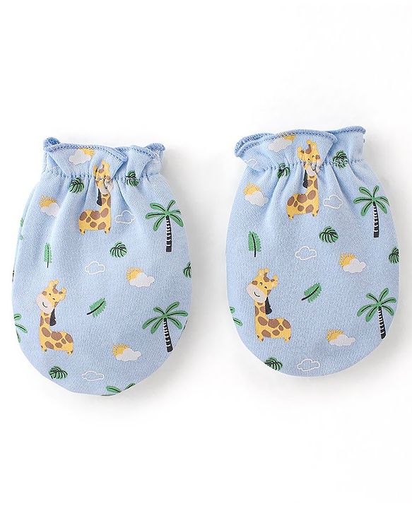 Babyhug 100% Cotton Cap Mittens & Booties Set Giraffe Print  - Blue