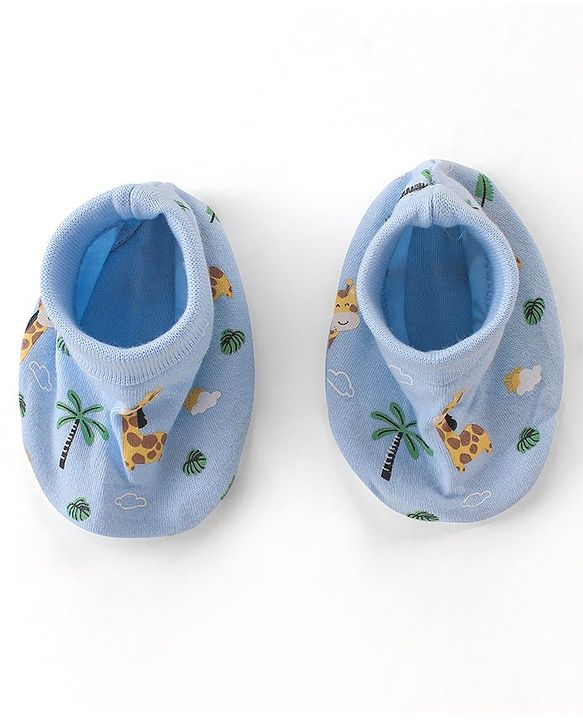 Babyhug 100% Cotton Cap Mittens & Booties Set Giraffe Print  - Blue