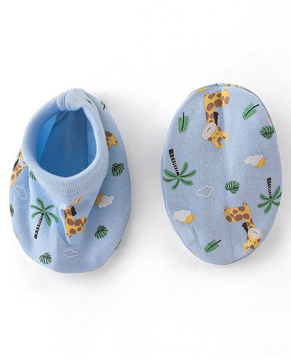 Babyhug 100% Cotton Cap Mittens & Booties Set Giraffe Print  - Blue