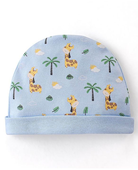 Babyhug 100% Cotton Cap Mittens & Booties Set Giraffe Print  - Blue
