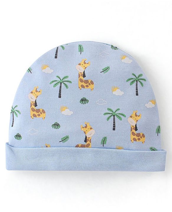 Babyhug 100% Cotton Cap Mittens & Booties Set Giraffe Print  - Blue