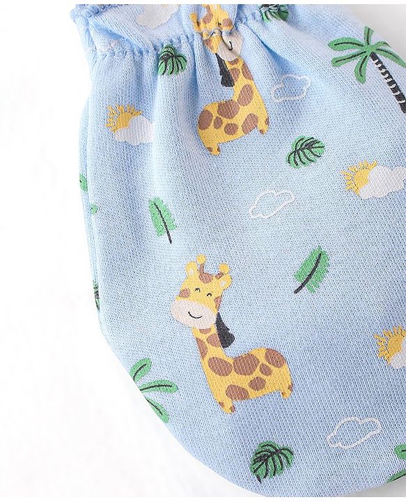 Babyhug 100% Cotton Cap Mittens & Booties Set Giraffe Print  - Blue