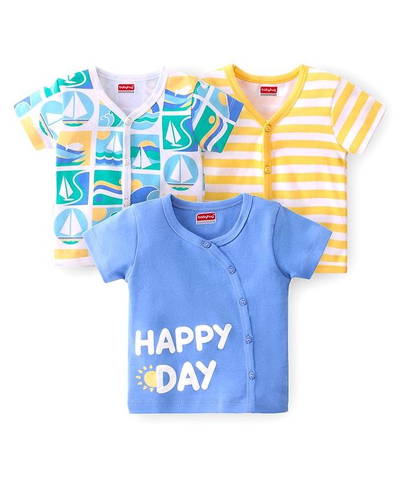 Babyhug 100% Cotton Interlock Knit Half Sleeves Vests Boat Print Pack of 3 - Multicolour