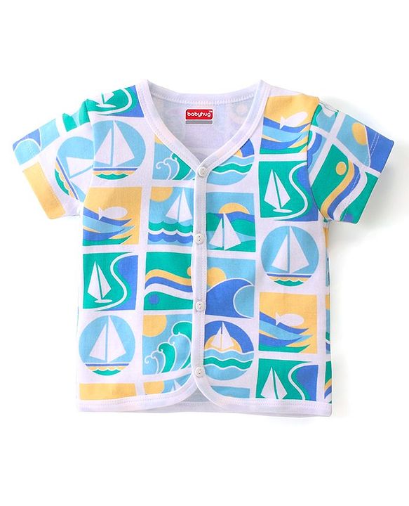 Babyhug 100% Cotton Interlock Knit Half Sleeves Vests Boat Print Pack of 3 - Multicolour