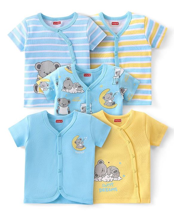 Babyhug 100% Cotton Half Sleeves Front Open Vest Teddy Bear Print Pack of 5 - Multicolour