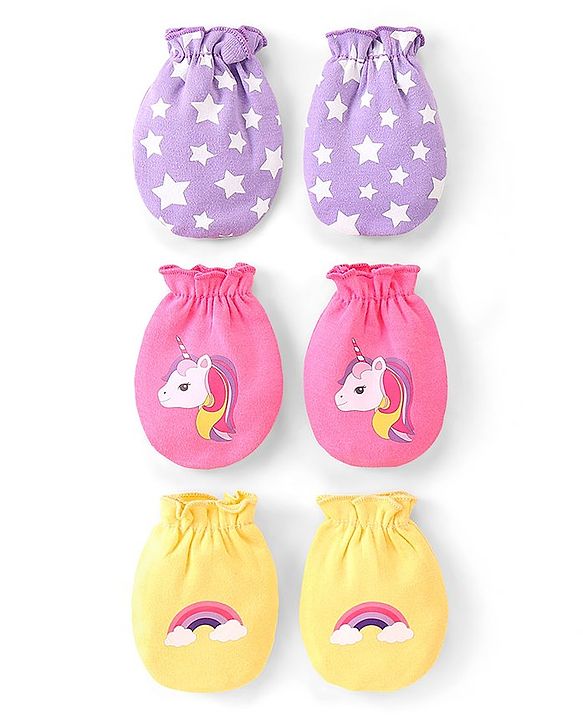 Babyhug 100% Cotton Knit Stars & Unicorn Printed Mittens Pack of 3 - Purple Pink & Yellow