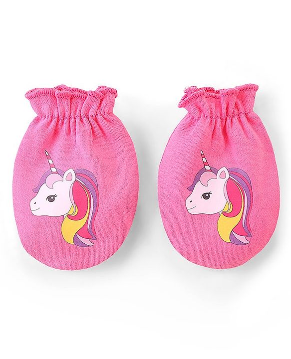 Babyhug 100% Cotton Knit Stars & Unicorn Printed Mittens Pack of 3 - Purple Pink & Yellow